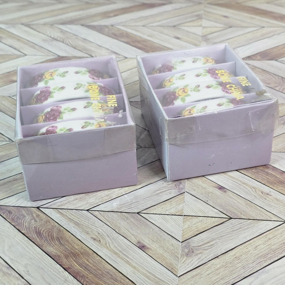 Lot 8 VTG MCM Porcelain Napkin Rings Holders Roses Maroon Yellow Fine Bone China - Picture 7 of 9